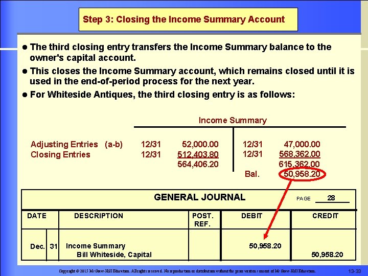 Step 3: Closing the Income Summary Account The third closing entry transfers the Income