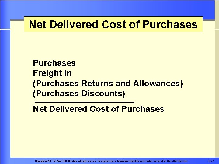 Net Delivered Cost of Purchases Freight In (Purchases Returns and Allowances) (Purchases Discounts) Net