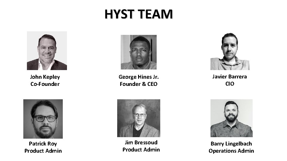 HYST TEAM John Kepley Co-Founder Patrick Roy Product Admin George Hines Jr. Founder &