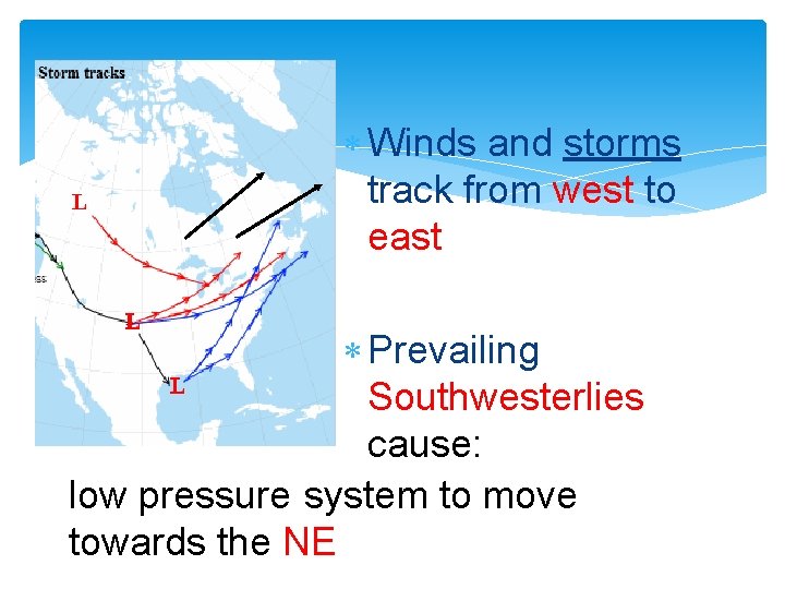  Winds and storms track from west to east Prevailing Southwesterlies cause: low pressure