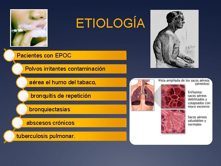 ETIOLOGÍA Pacientes con EPOC Polvos irritantes contaminación aérea el humo del tabaco, bronquitis de