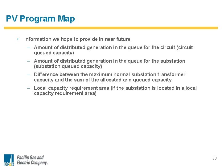 PV Program Map • Information we hope to provide in near future. – Amount