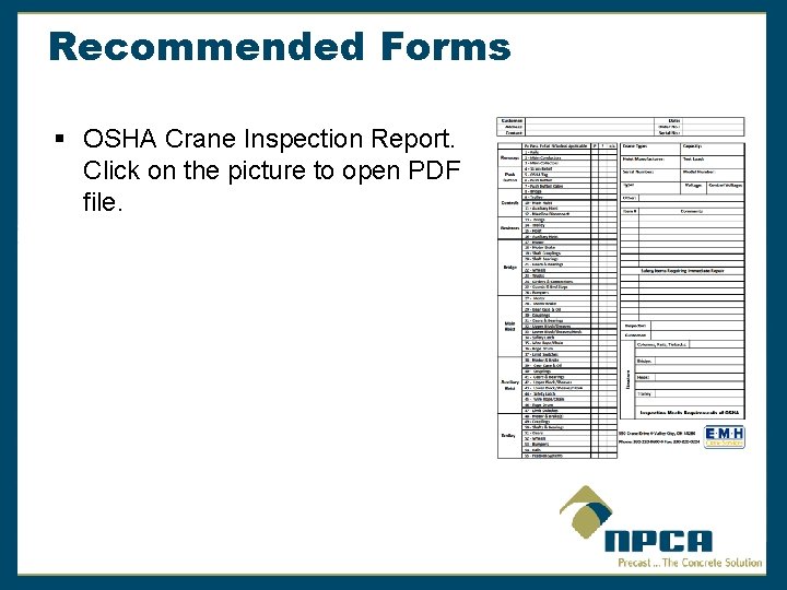 Recommended Forms § OSHA Crane Inspection Report. Click on the picture to open PDF