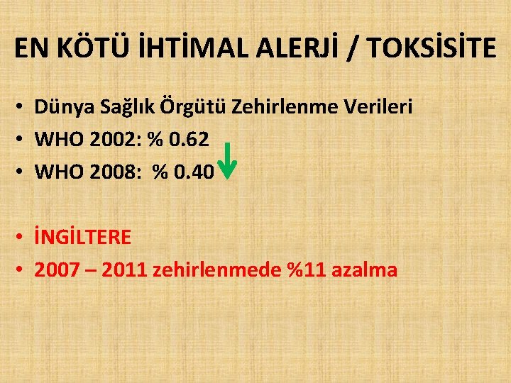 EN KÖTÜ İHTİMAL ALERJİ / TOKSİSİTE • Dünya Sağlık Örgütü Zehirlenme Verileri • WHO