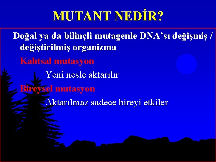 MUTANT NEDİR? Doğal ya da bilinçli mutagenle DNA’sı değişmiş / değiştirilmiş organizma Kalıtsal mutasyon