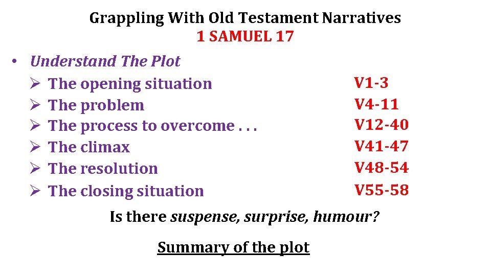 Grappling With Old Testament Narratives 1 SAMUEL 17 • Understand The Plot Ø The