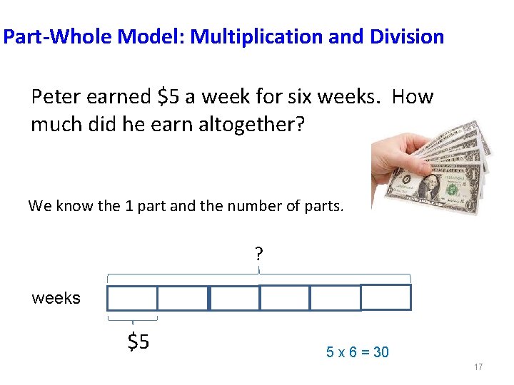 Part-Whole Model: Multiplication and Division Peter earned $5 a week for six weeks. How