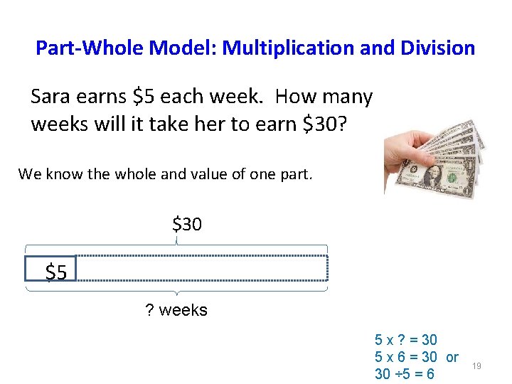 Part-Whole Model: Multiplication and Division Sara earns $5 each week. How many weeks will