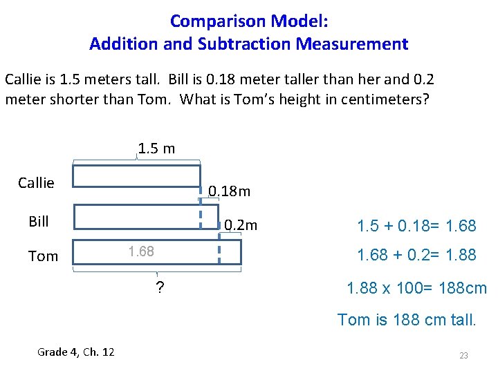Comparison Model: Addition and Subtraction Measurement Callie is 1. 5 meters tall. Bill is