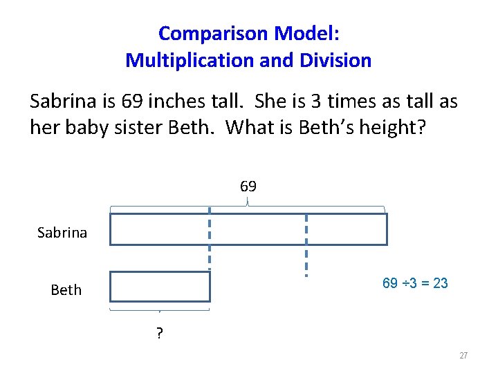 Comparison Model: Multiplication and Division Sabrina is 69 inches tall. She is 3 times