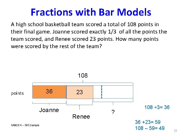 Fractions with Bar Models A high school basketball team scored a total of 108