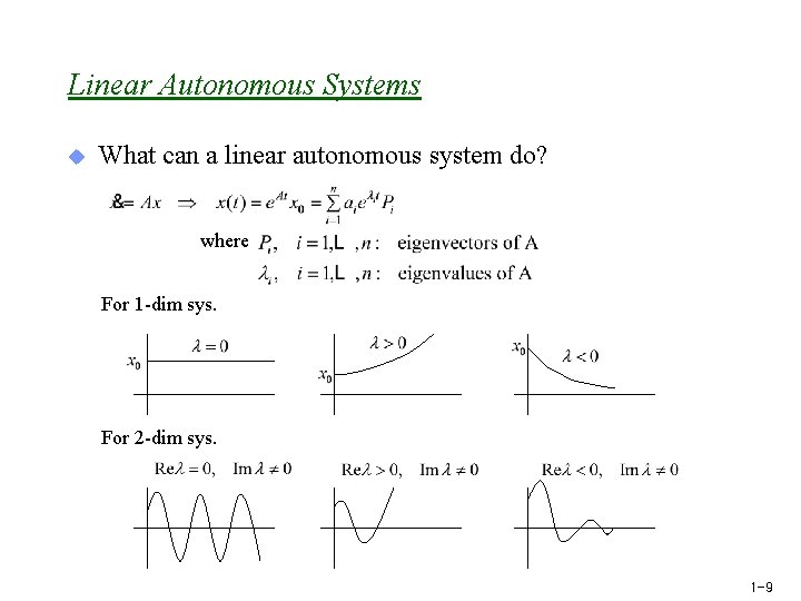 Linear Autonomous Systems u What can a linear autonomous system do? where For 1