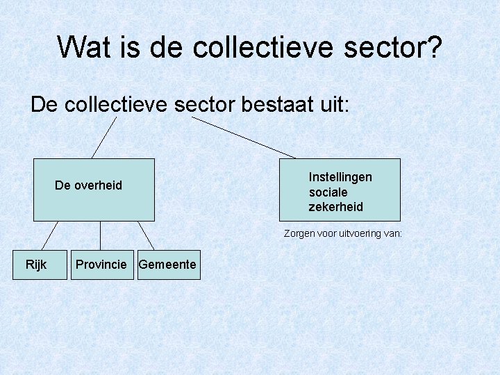 Wat is de collectieve sector? De collectieve sector bestaat uit: De overheid Instellingen sociale