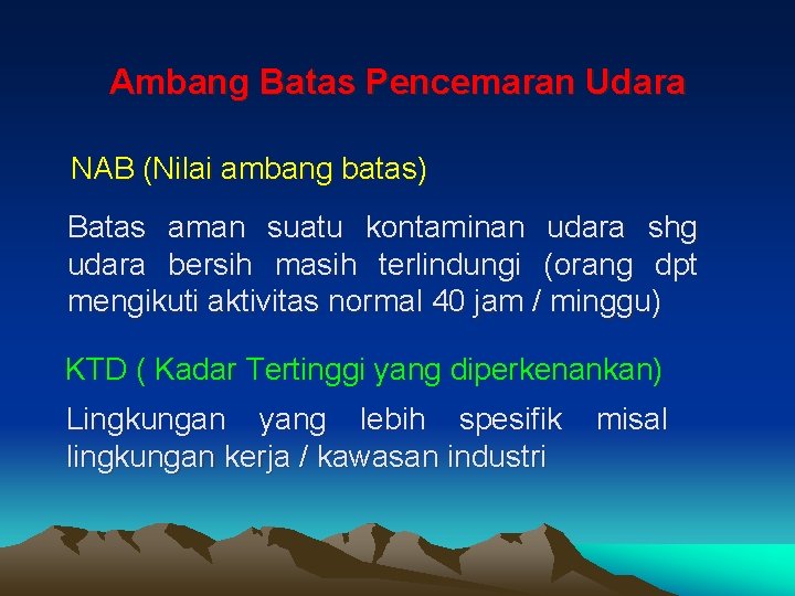 Ambang Batas Pencemaran Udara NAB (Nilai ambang batas) Batas aman suatu kontaminan udara shg Ambang Batas Pencemaran Udara NAB (Nilai ambang batas) Batas aman suatu kontaminan udara shg