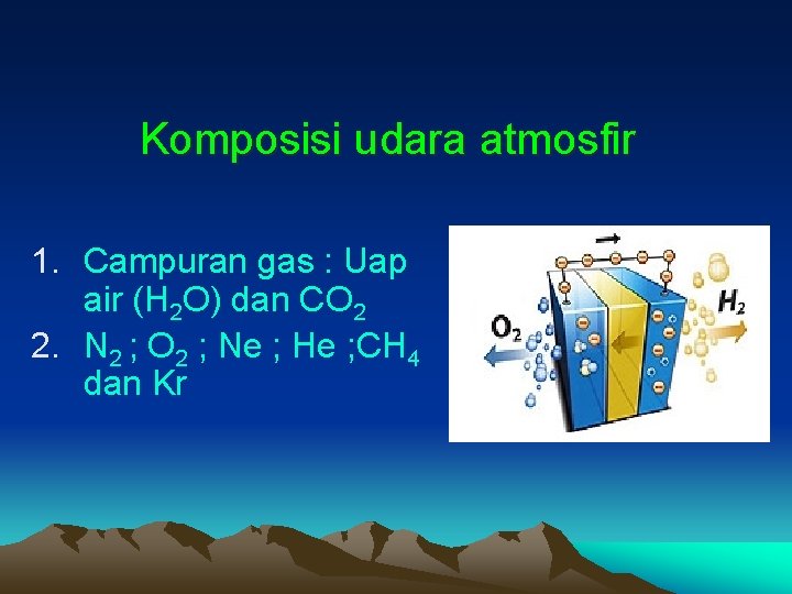Komposisi udara atmosfir 1. Campuran gas : Uap air (H 2 O) dan CO Komposisi udara atmosfir 1. Campuran gas : Uap air (H 2 O) dan CO