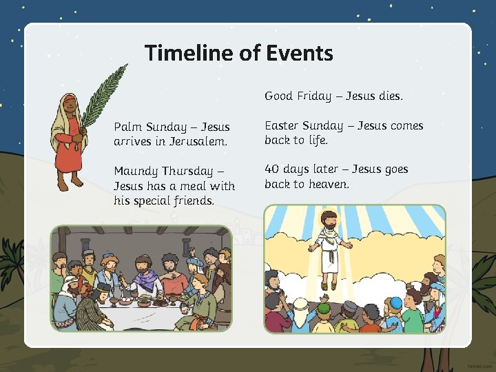 Timeline of Events Good Friday – Jesus dies. Palm Sunday – Jesus arrives in Timeline of Events Good Friday – Jesus dies. Palm Sunday – Jesus arrives in