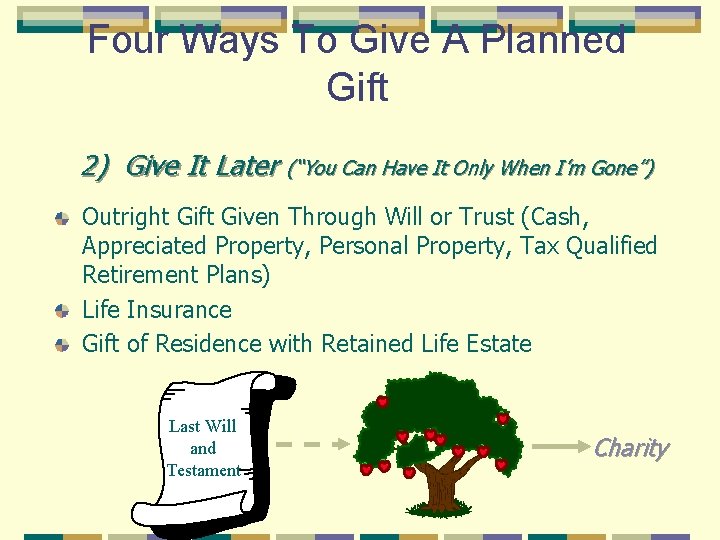 Four Ways To Give A Planned Gift 2) Give It Later (“You Can Have