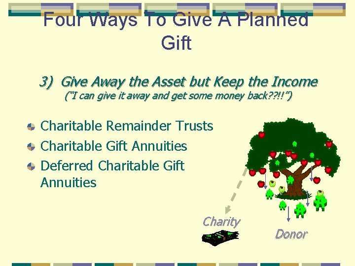 Four Ways To Give A Planned Gift 3) Give Away the Asset but Keep