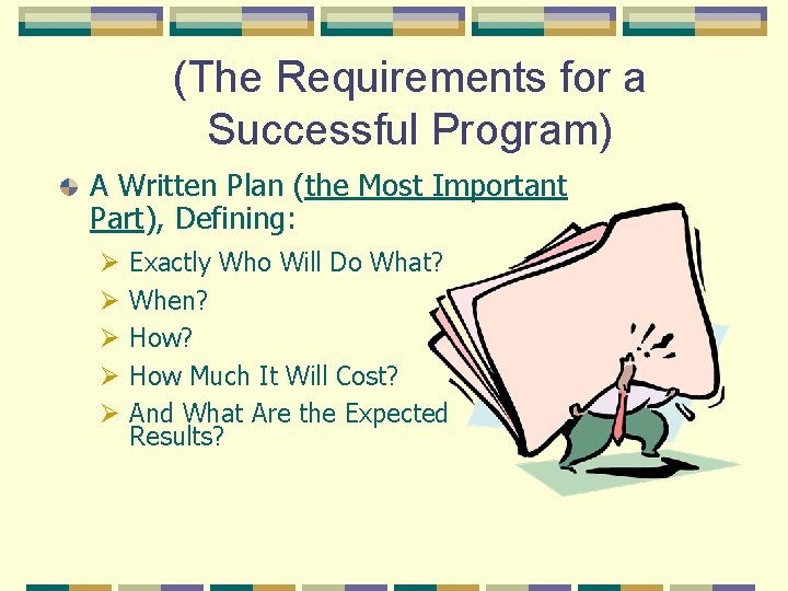 (The Requirements for a Successful Program) A Written Plan (the Most Important Part), Defining: