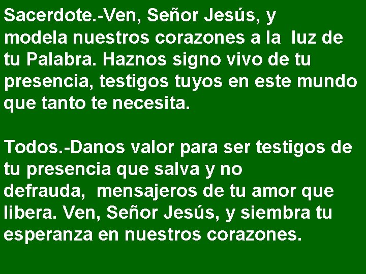 Sacerdote. -Ven, Señor Jesús, y modela nuestros corazones a la luz de tu Palabra.