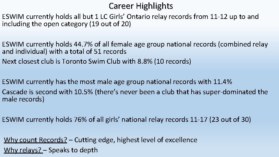 Career Highlights ESWIM currently holds all but 1 LC Girls’ Ontario relay records from