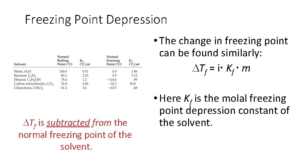 Freezing Point Depression • The change in freezing point can be found similarly: Tf