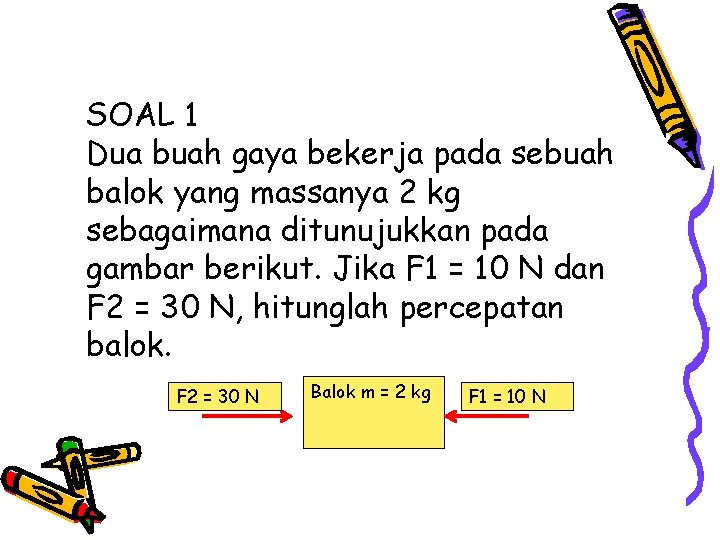 SOAL 1 Dua buah gaya bekerja pada sebuah balok yang massanya 2 kg sebagaimana