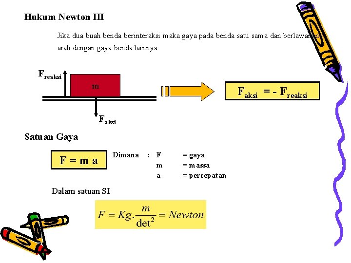 Hukum Newton III Jika dua buah benda berinteraksi maka gaya pada benda satu sama