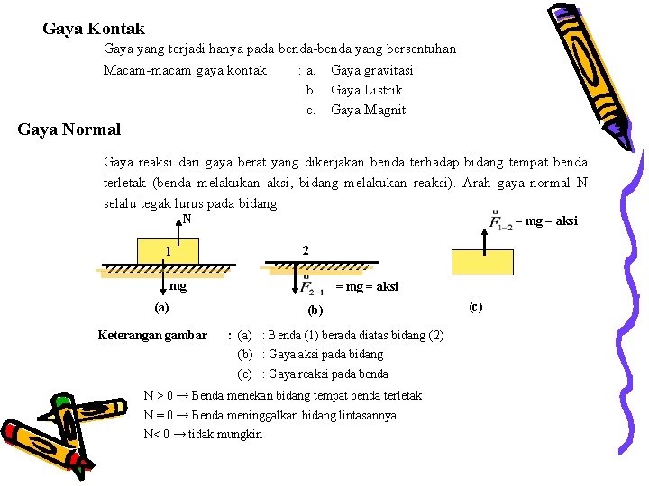 Gaya Kontak Gaya yang terjadi hanya pada benda-benda yang bersentuhan Macam-macam gaya kontak :