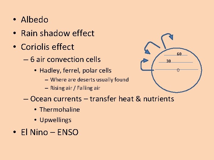  • Albedo • Rain shadow effect • Coriolis effect – 6 air convection