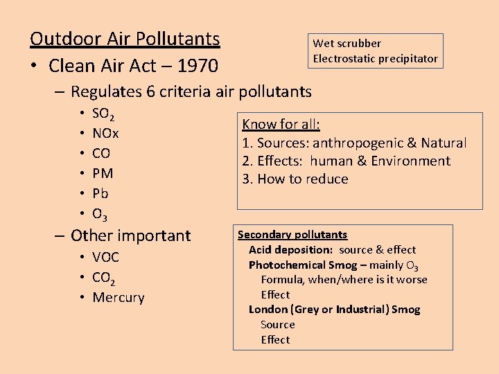 Outdoor Air Pollutants • Clean Air Act – 1970 Wet scrubber Electrostatic precipitator –