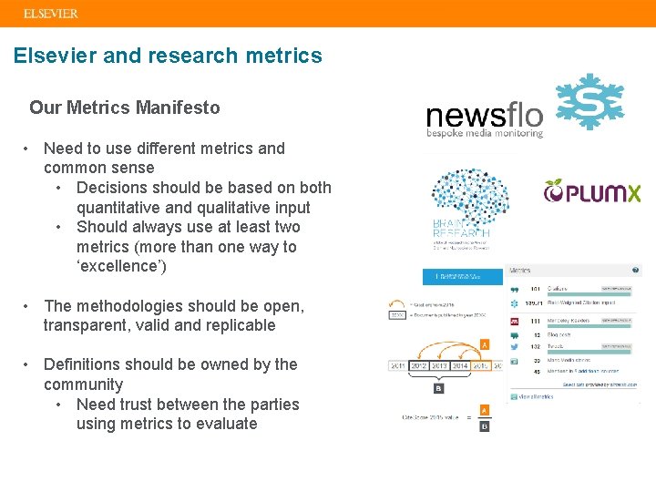 Elsevier and research metrics Our Metrics Manifesto • Need to use different metrics and