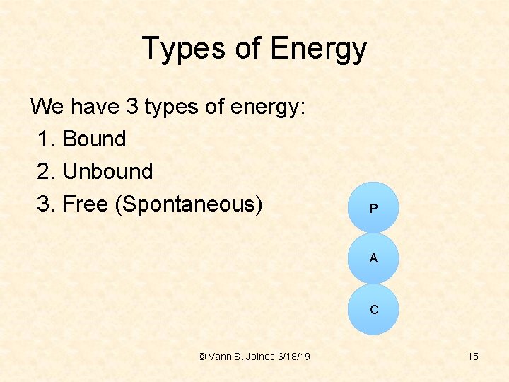 Types of Energy We have 3 types of energy: 1. Bound 2. Unbound 3.