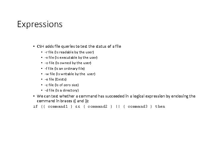 Expressions • CSH adds file queries to test the status of a file •