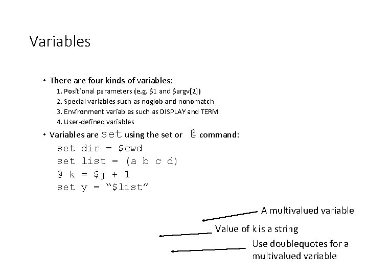 Variables • There are four kinds of variables: 1. Positional parameters (e. g. $1