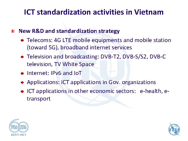 ICT standardization activities in Vietnam New R&D and standardization strategy Telecoms: 4 G LTE
