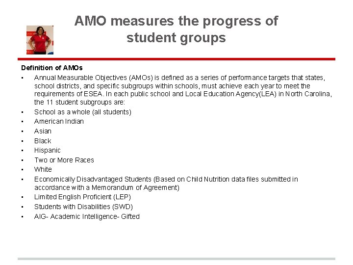AMO measures the progress of student groups Definition of AMOs • Annual Measurable Objectives