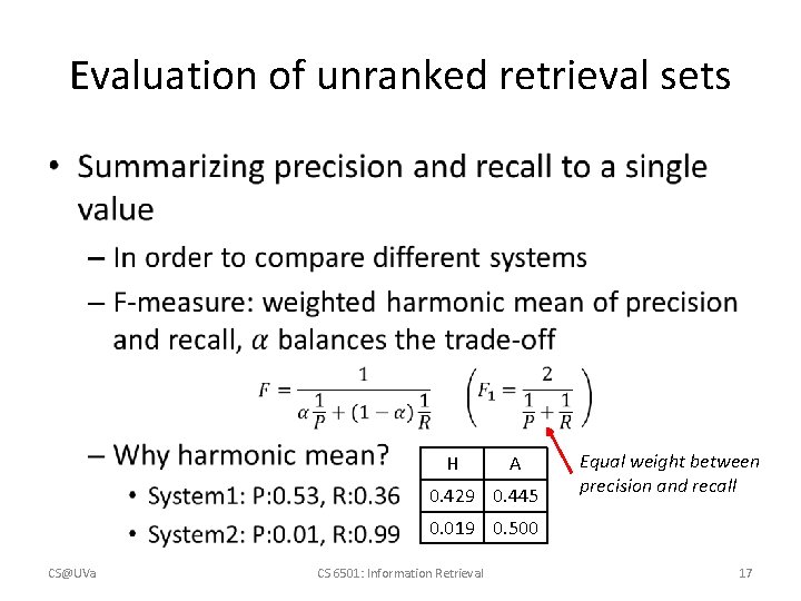 Evaluation of unranked retrieval sets • H A 0. 429 0. 445 Equal weight
