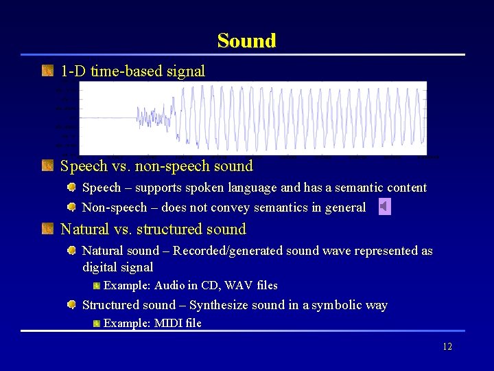 Sound 1 -D time-based signal Speech vs. non-speech sound Speech – supports spoken language