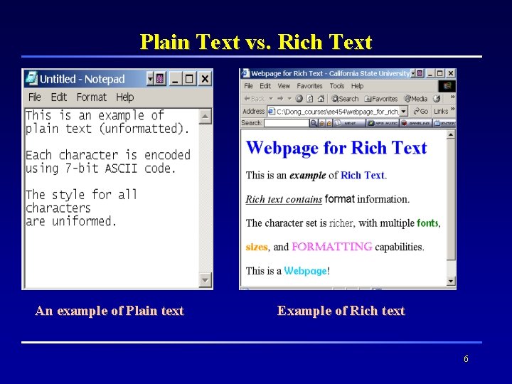 Plain Text vs. Rich Text An example of Plain text Example of Rich text
