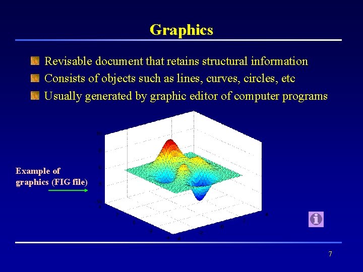 Graphics Revisable document that retains structural information Consists of objects such as lines, curves,