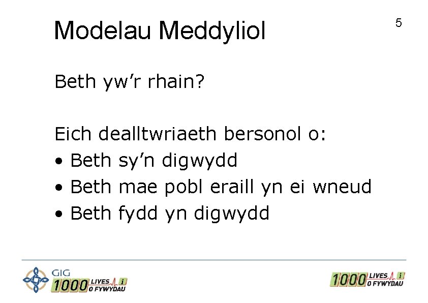 Modelau Meddyliol Beth yw’r rhain? Eich dealltwriaeth bersonol o: • Beth sy’n digwydd •