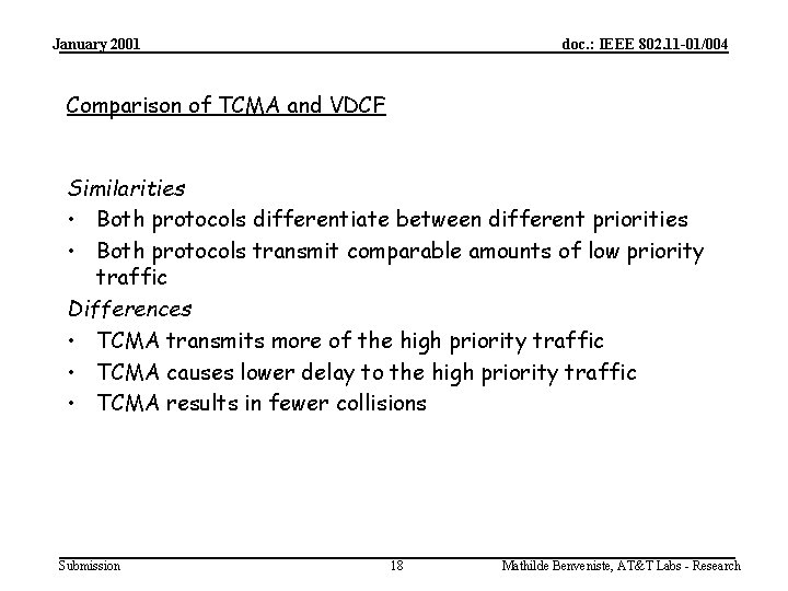 January 2001 doc. : IEEE 802. 11 -01/004 Comparison of TCMA and VDCF Similarities