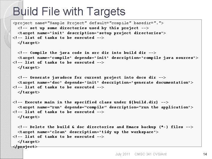 Build File with Targets <project name="Sample Project" default="compile" basedir=". "> <!-- set up some