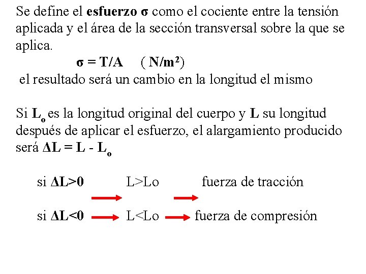 Se define el esfuerzo σ como el cociente entre la tensión aplicada y el