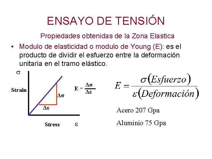 ENSAYO DE TENSIÓN Propiedades obtenidas de la Zona Elastica • Modulo de elasticidad o