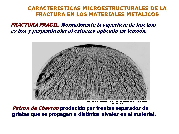 CARACTERISTICAS MICROESTRUCTURALES DE LA FRACTURA EN LOS MATERIALES METALICOS FRACTURA FRAGIL. Normalmente la superficie