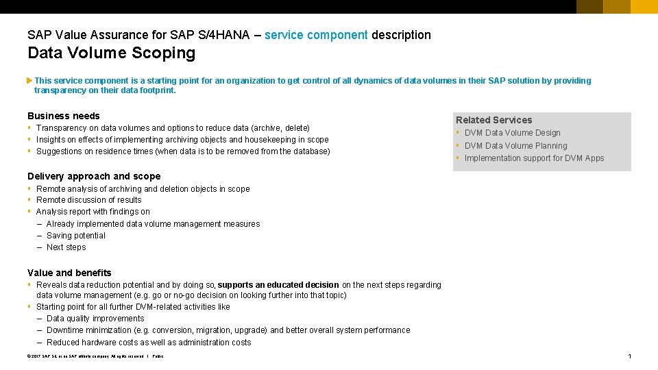 SAP Value Assurance for SAP S/4 HANA – service component description Data Volume Scoping