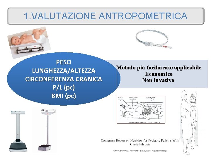 1. VALUTAZIONE ANTROPOMETRICA PESO LUNGHEZZA/ALTEZZA CIRCONFERENZA CRANICA P/L (pc) BMI (pc) Metodo più facilmente