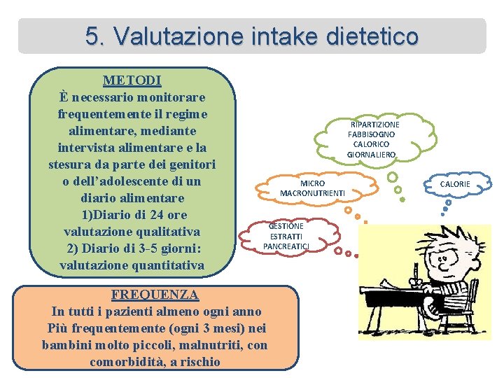 5. Valutazione intake dietetico METODI È necessario monitorare frequentemente il regime alimentare, mediante intervista